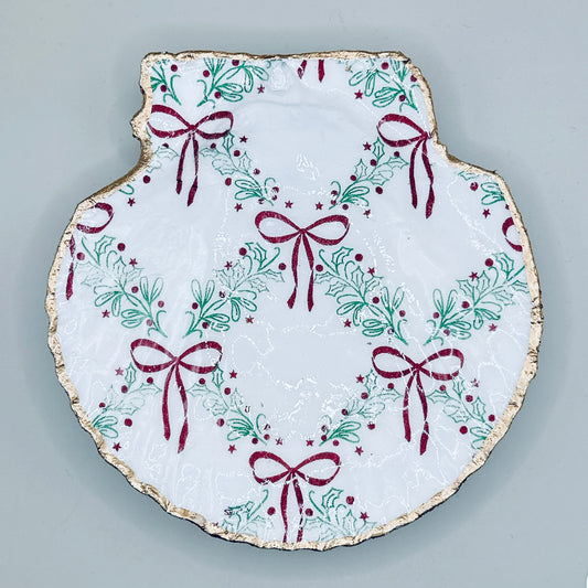 Merry Christmas Holly Clam Shell Jewelry Dish