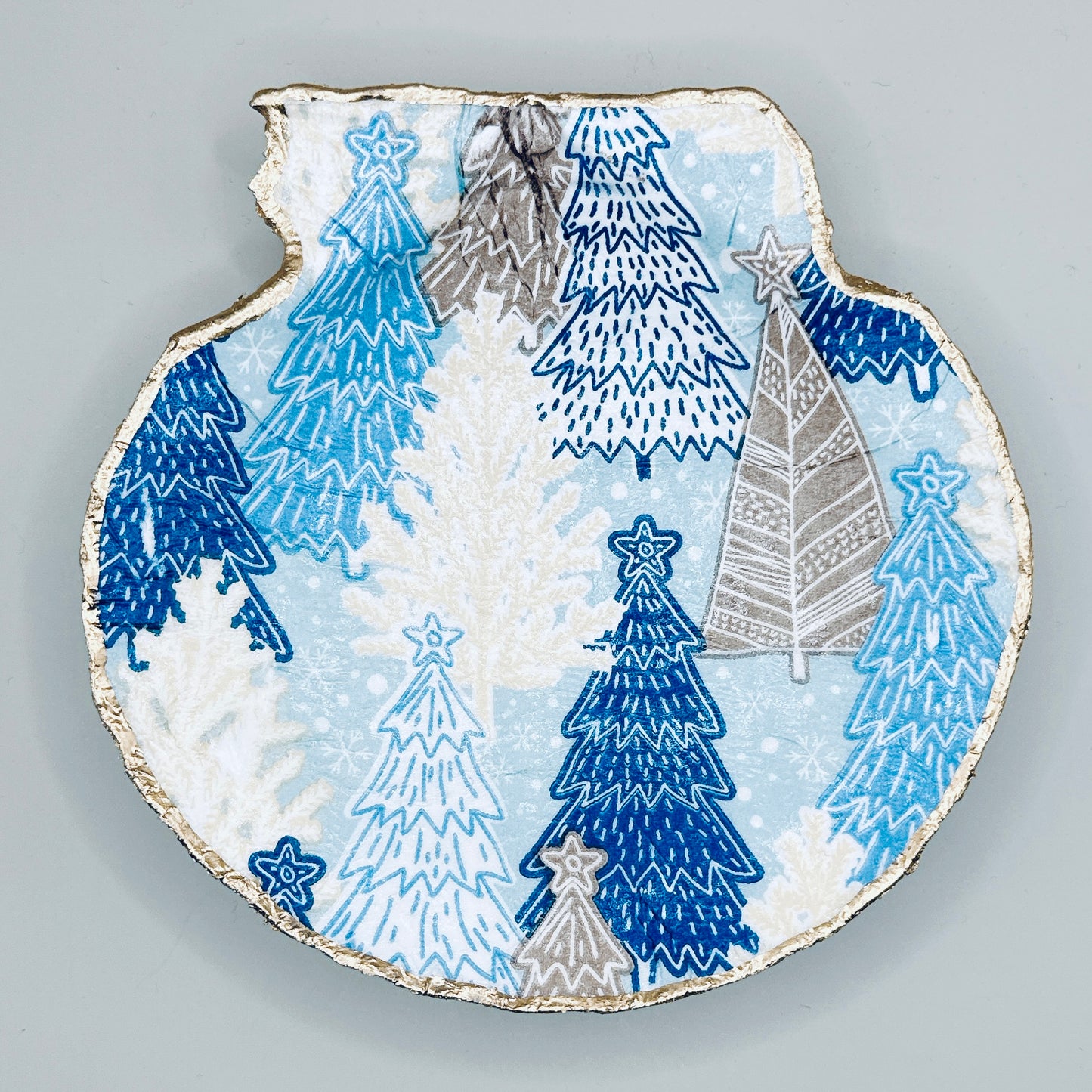 Winter Blue Christmas Trees Clam Shell Jewelry Dish