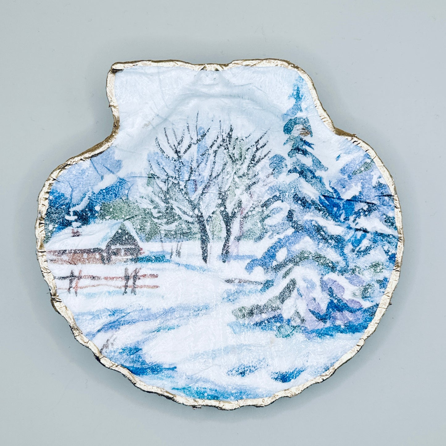 Snowy Cabin Winter Clam Shell Jewelry Dish