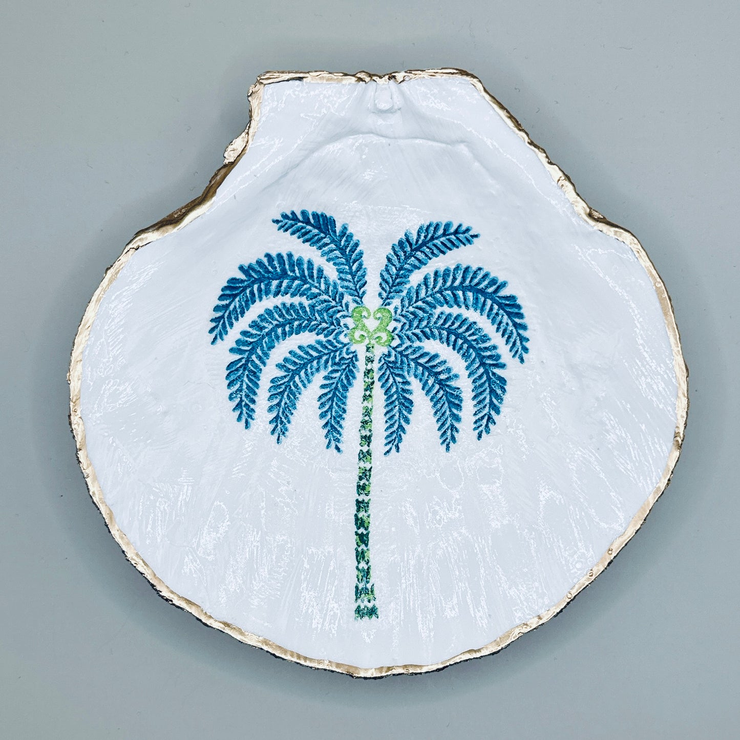 Blue Palm Silhouette Clam Shell Jewelry Dish