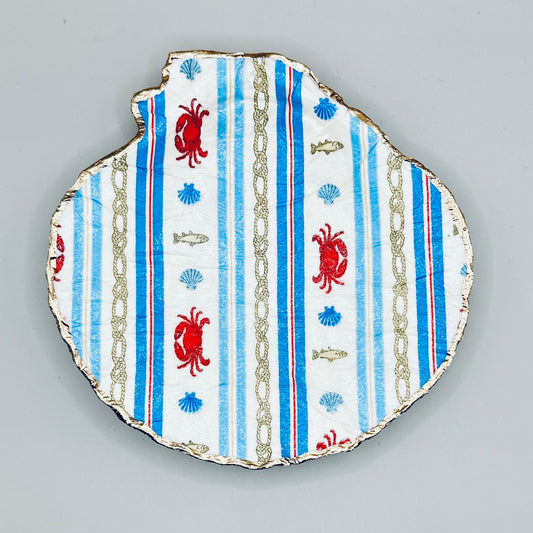 Nautical Stripe Crab Clam Shell Jewelry Dish