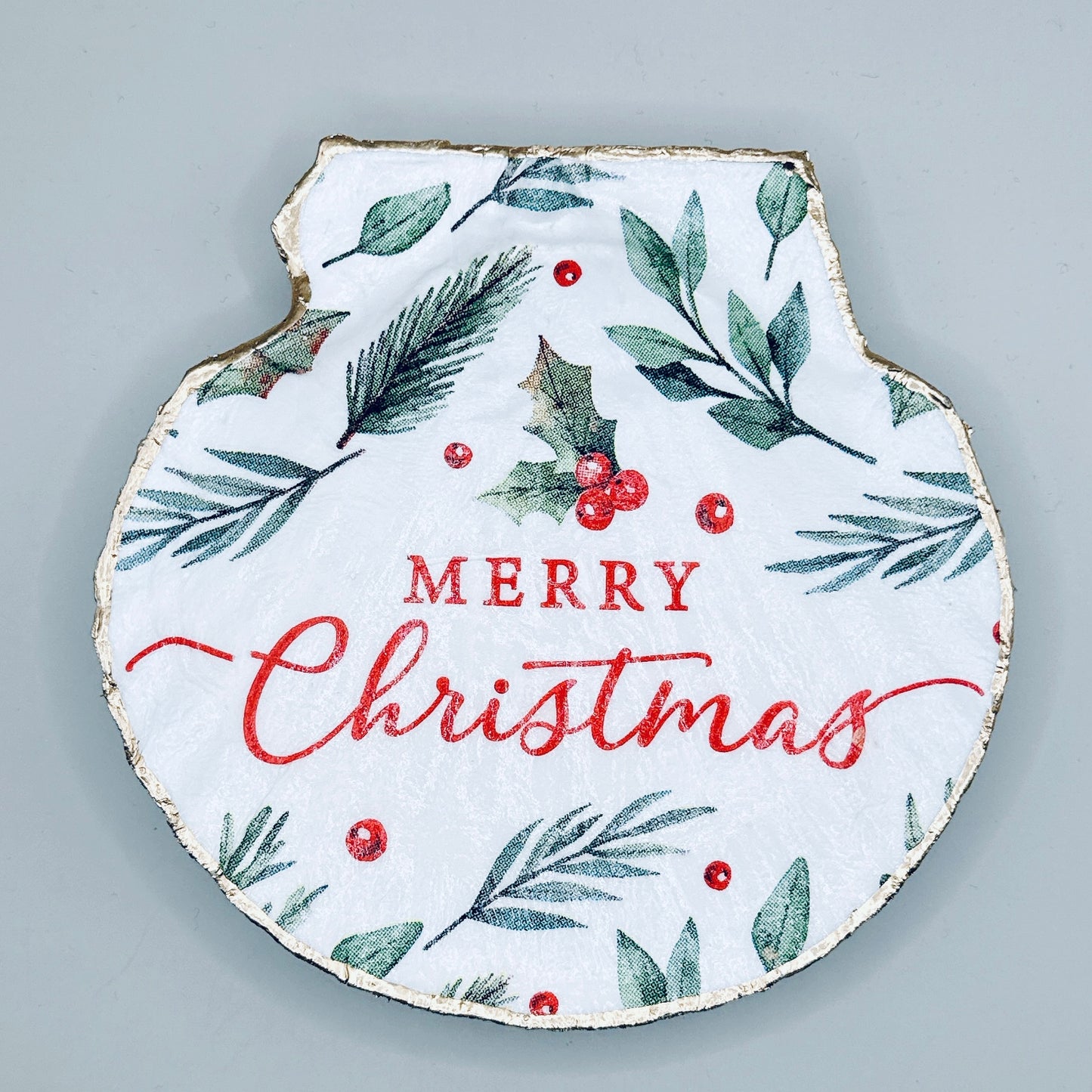 Merry Christmas Greenery Clam Shell Jewelry Dish
