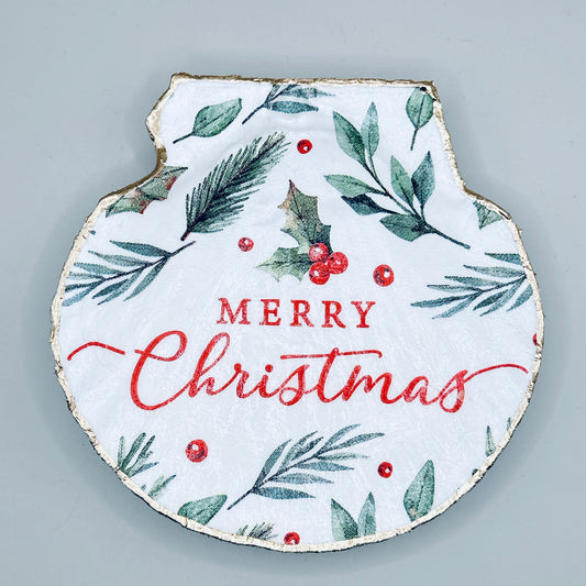 Merry Christmas Greenery Clam Shell Jewelry Dish