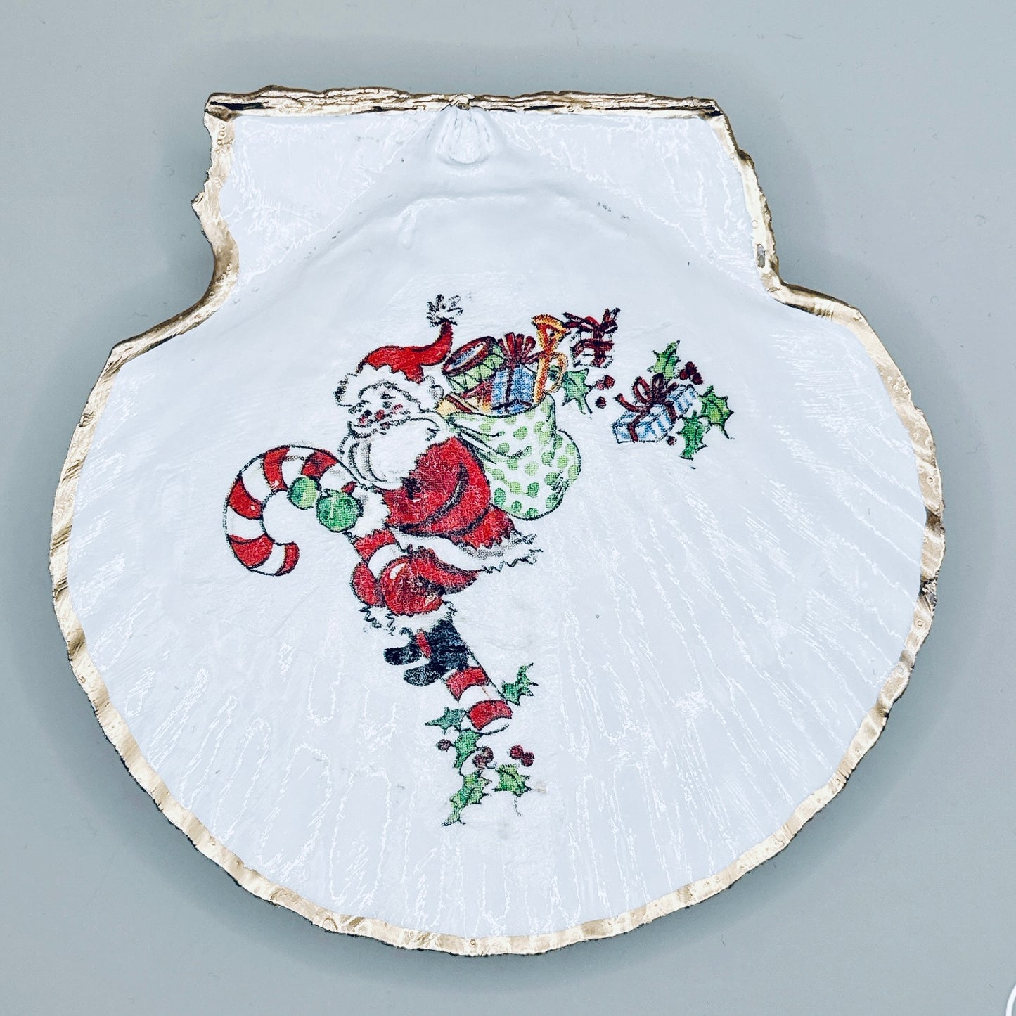 Vintage Candy Cane Santa Clam Shell Jewelry Dish