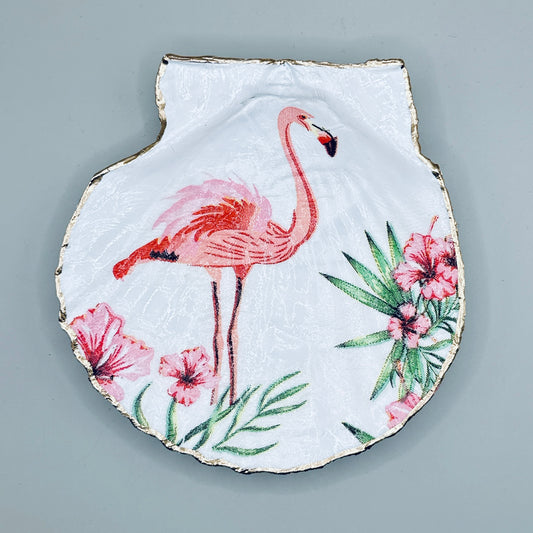 Flamingo & Hibiscus Clam Shell Jewelry Dish