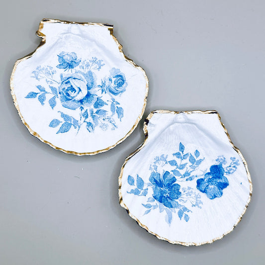 Blue Toile Roses Scallop Shell Magnets