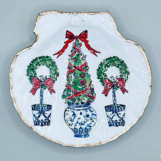 Classic Topiary Christmas Clam Shell Jewelry Dish