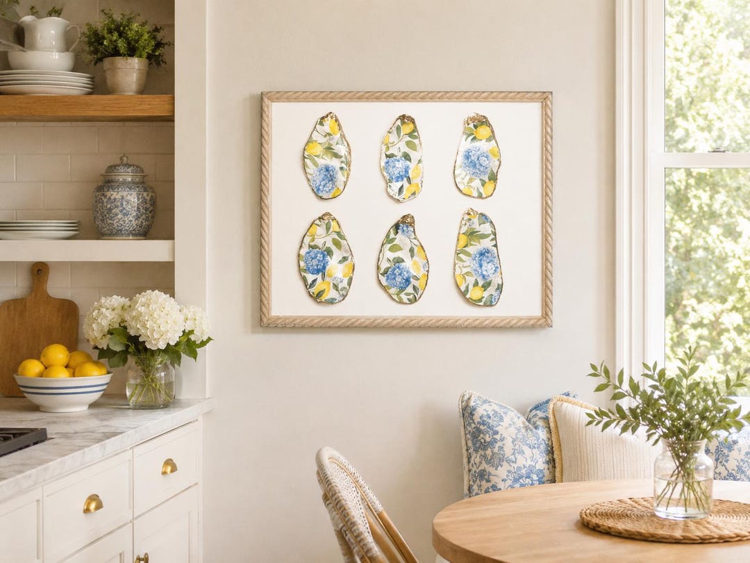 Lemon and Hydrangea oyster shell garden wall art