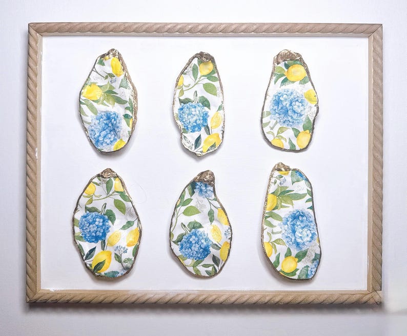 Lemon and Hydrangea oyster shell wall art detail