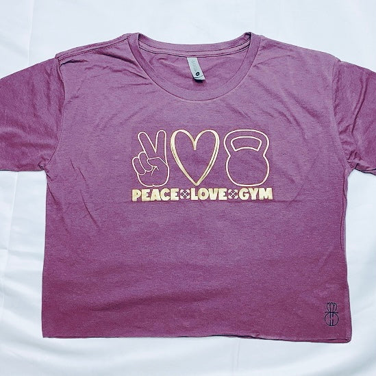 Peace, Love, Gym Crop Top Purple and Gold