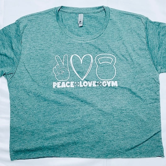 Peace, Love, Gym Crop Top Green and White