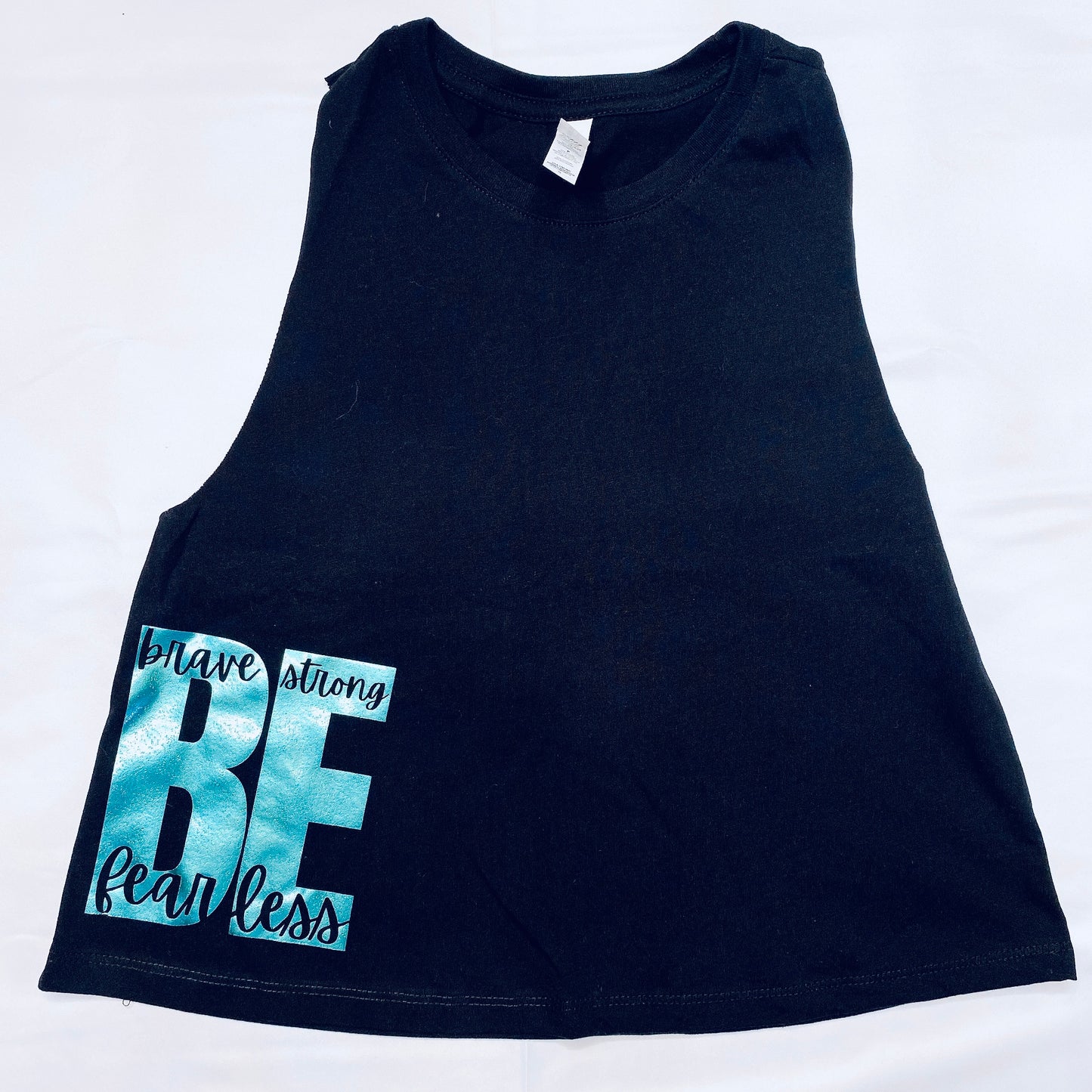 "BE" Fearless, Strong, Brave Crop Tank Black and Agua
